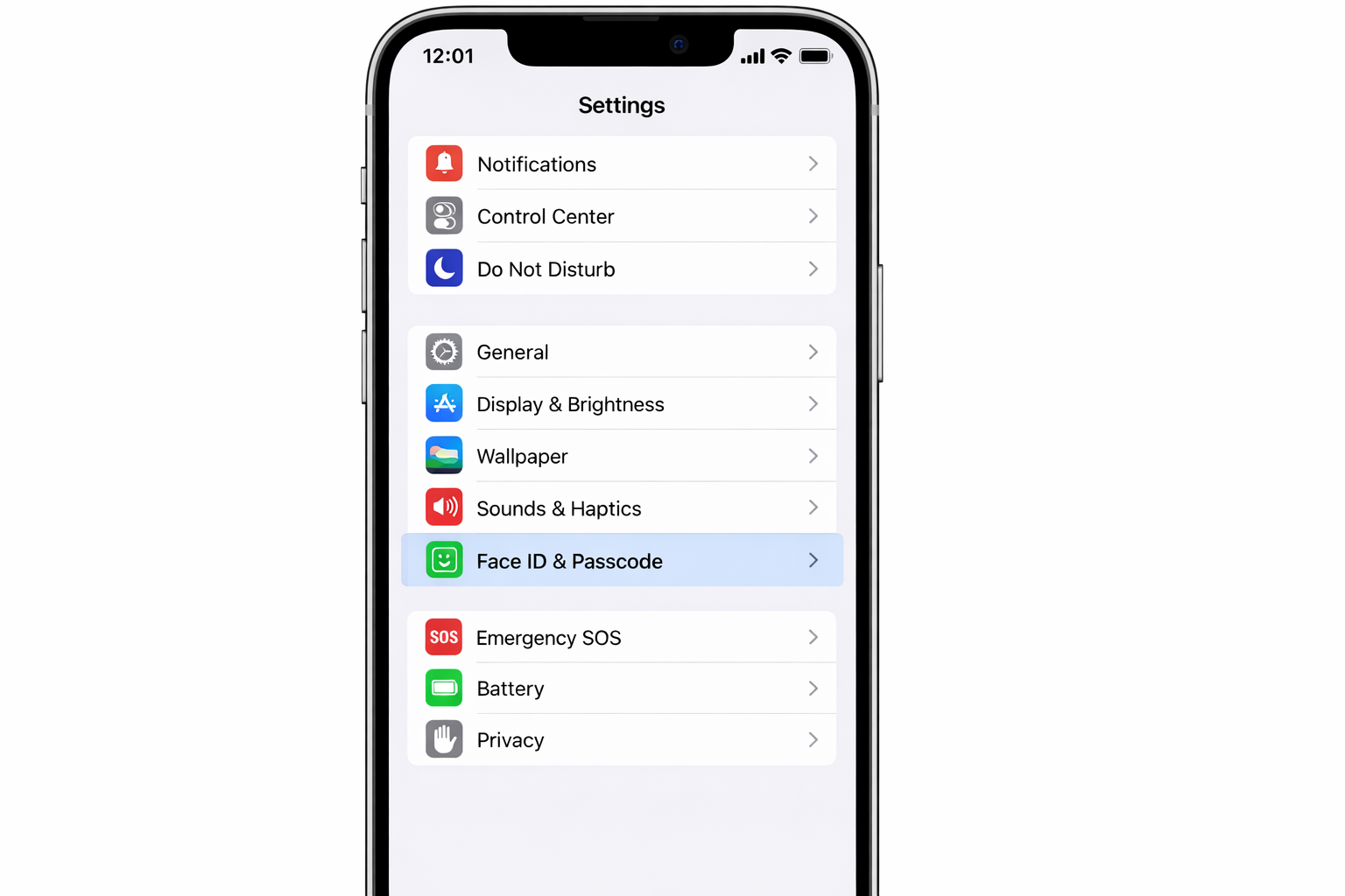 iOS Settings app with Face ID & Passcode row highlighted in the list