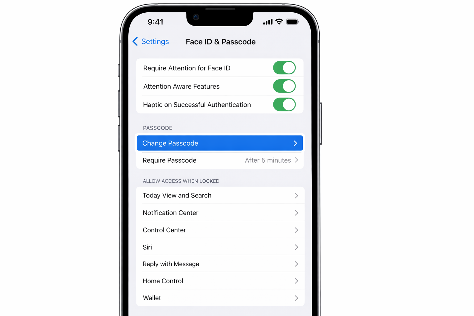 iOS Settings > Face ID & Passcode screen with the Change Passcode option highlighted