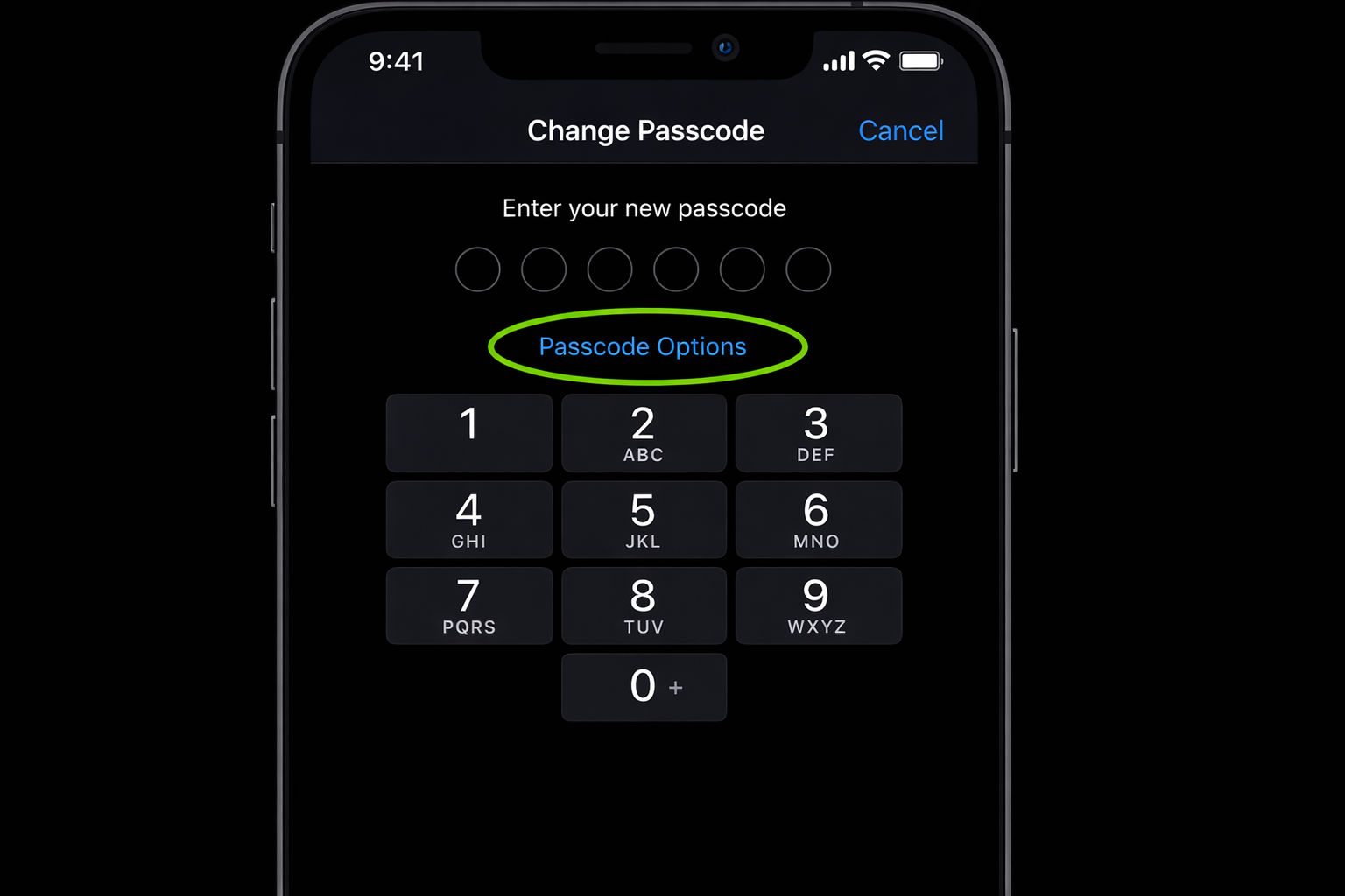 iOS Change Passcode screen showing the 6-digit entry field with Passcode Options link highlighted above the keypad