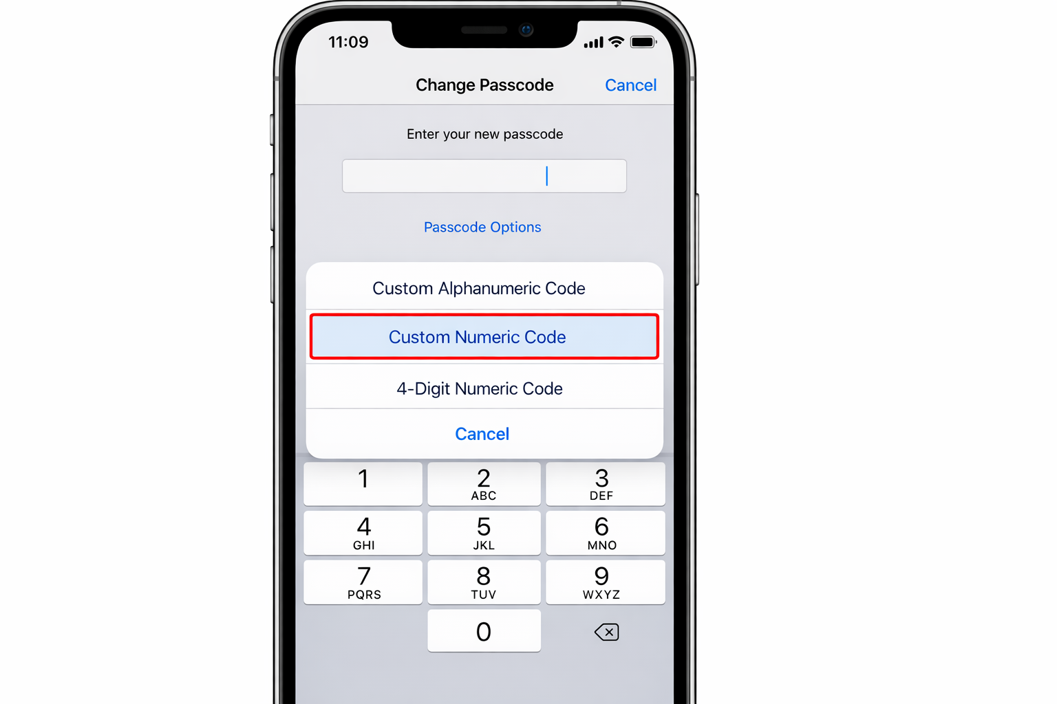 iOS Change Passcode screen showing a custom numeric entry field (no fixed length) with the keyboard visible and a longer