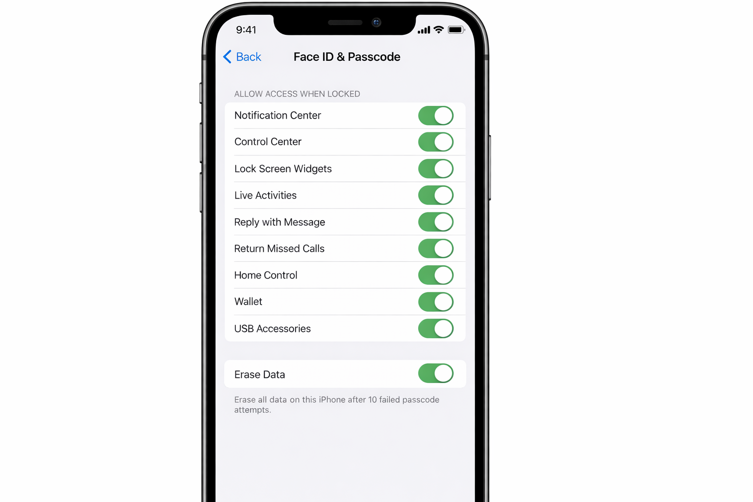 iOS Settings > Face ID & Passcode screen scrolled to the bottom showing the Erase Data toggle switched to the On position