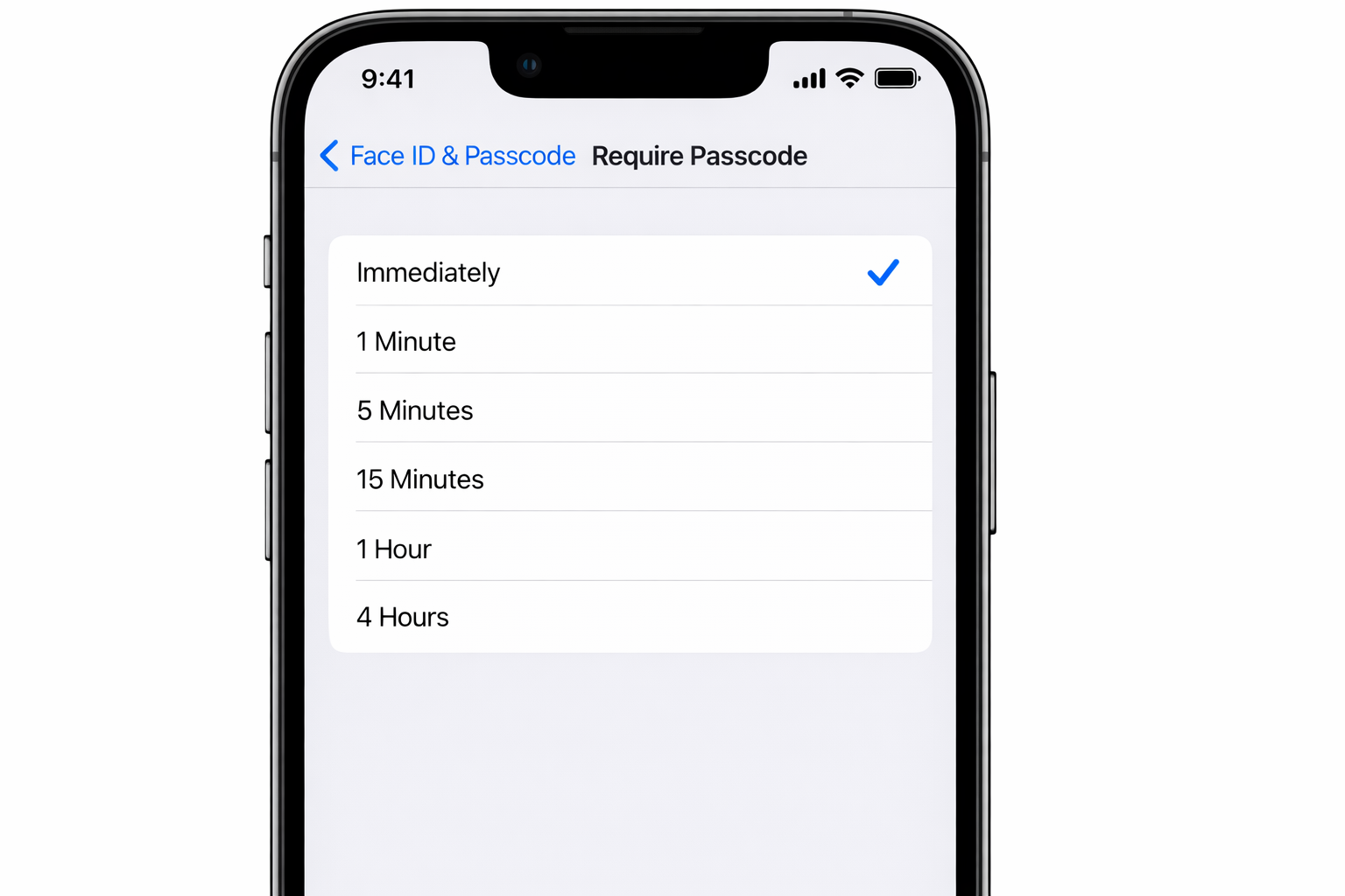 iOS Settings > Face ID & Passcode > Require Passcode screen with Immediately selected and checkmarked