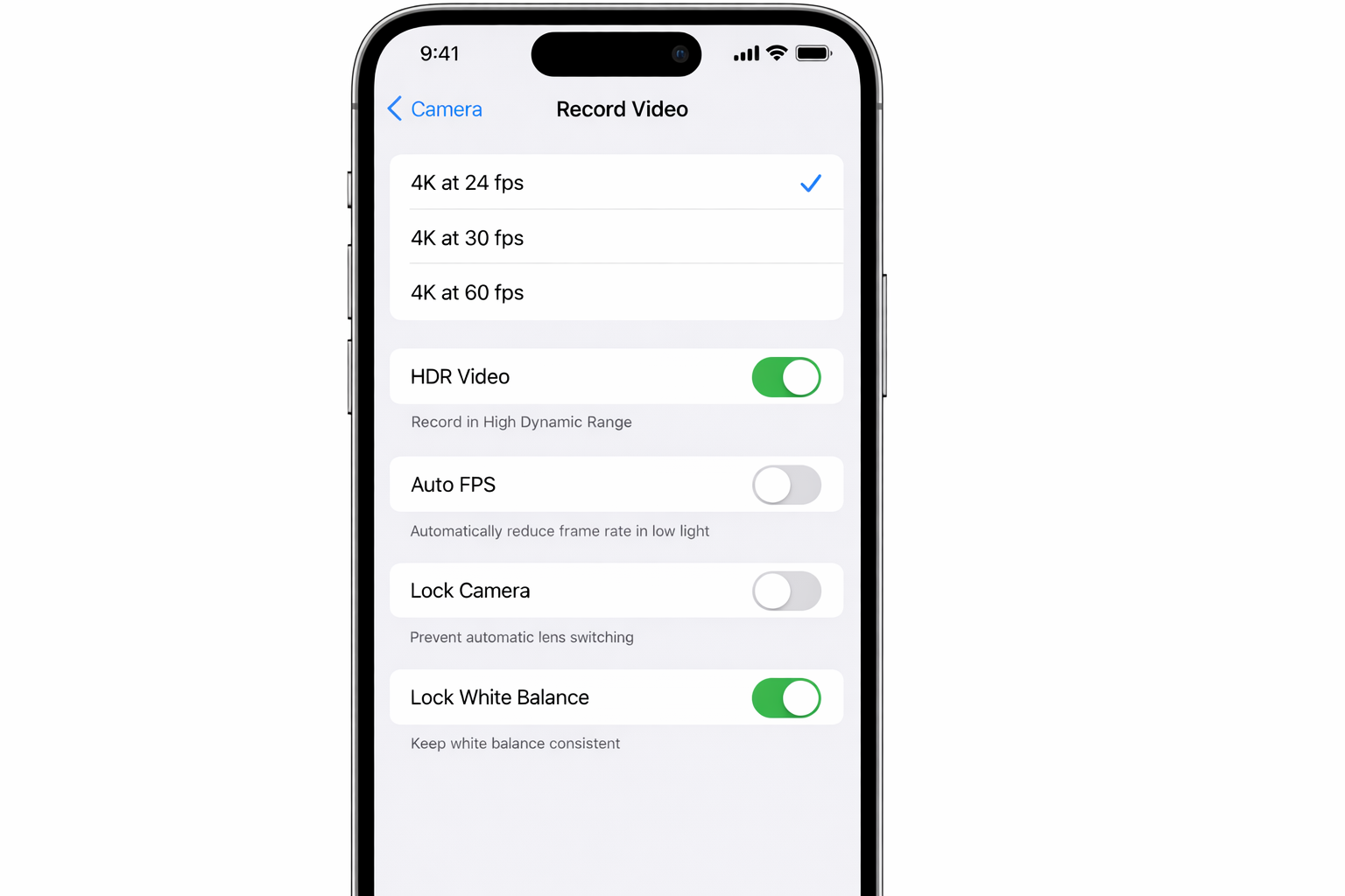 iOS Settings app > Camera > Record Video showing 4K at 24 fps selected, with HDR Video, Lock Camera, and Lock White Balance