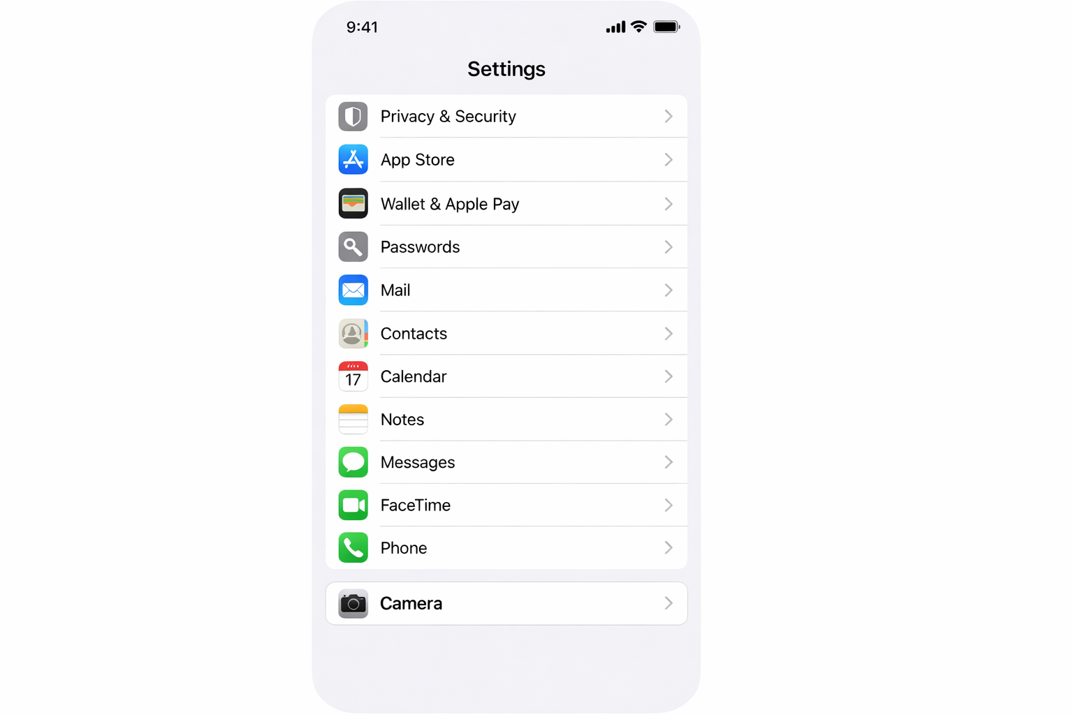 iOS Settings app main screen with the Camera option visible in the list, ready to be tapped