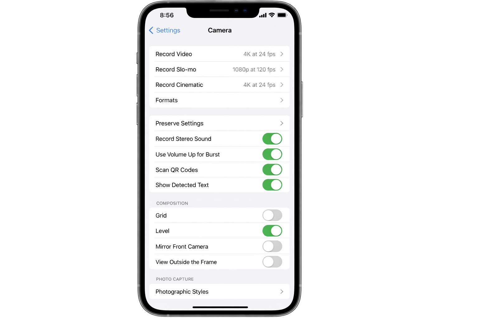 iOS Settings app > Camera main screen showing options including Record Video, Record Slo-mo, Formats, and various toggle