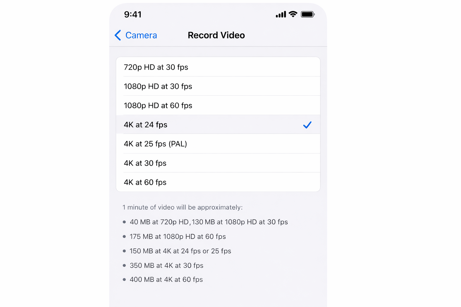 iOS Settings app > Camera > Record Video screen showing resolution and frame rate options with 4K at 24 fps highlighted and