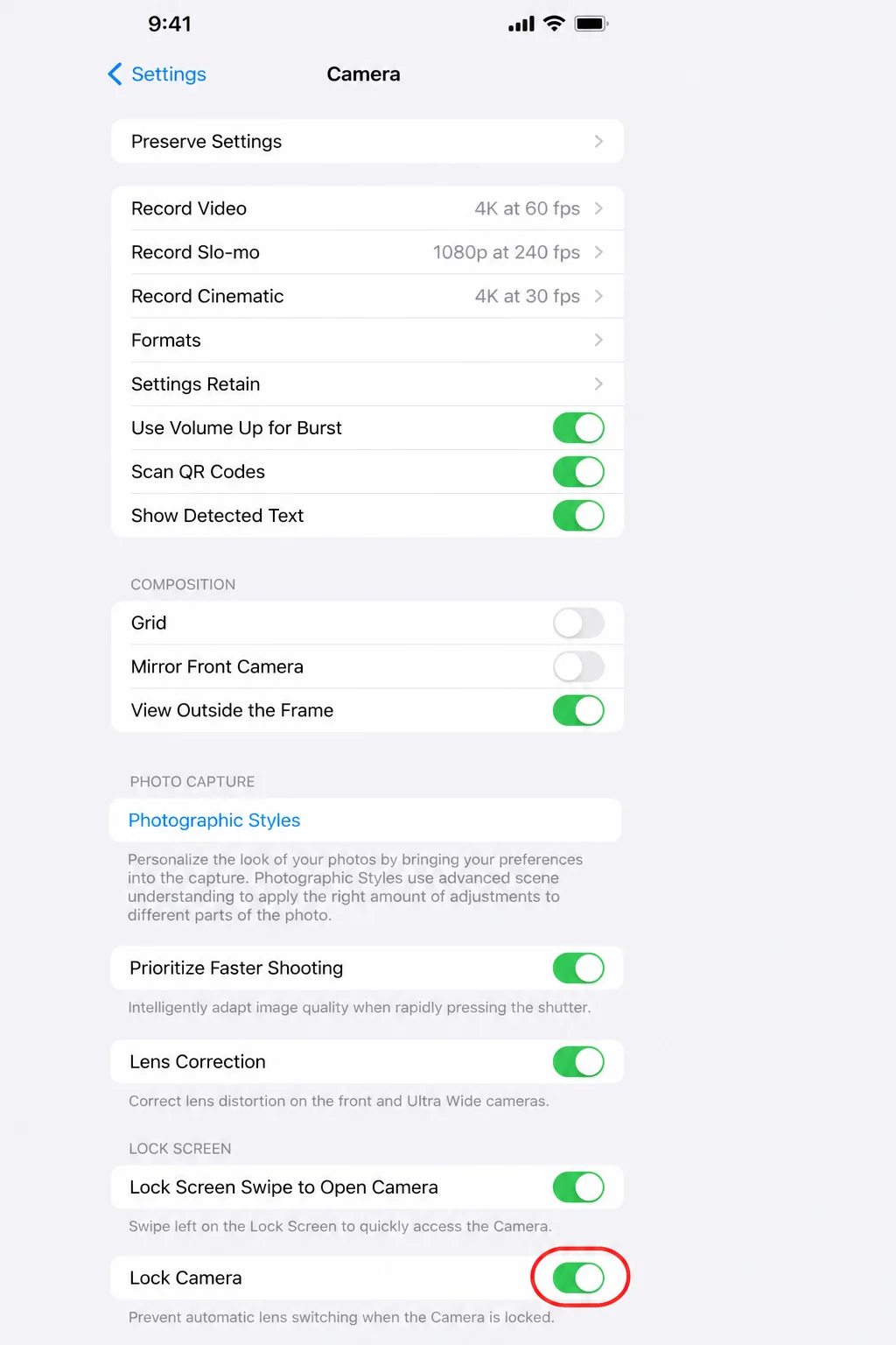 iOS Settings Camera page with the Lock Camera toggle switched on and highlighted, showing its description text below