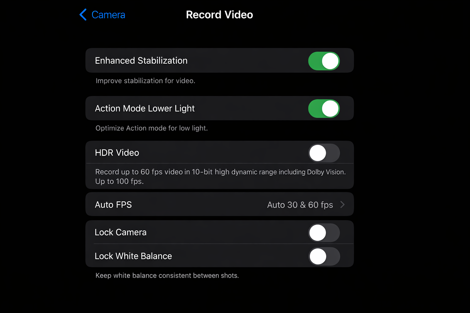 iOS Settings app > Camera showing HDR Video toggled off and Stabilization toggled on
