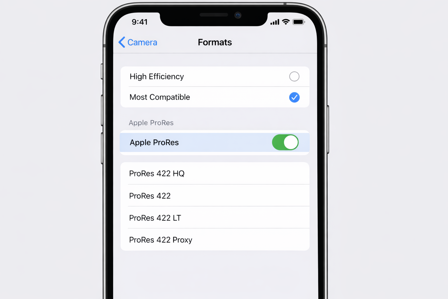 iOS Settings app > Camera > Formats screen with Apple ProRes option visible and highlighted