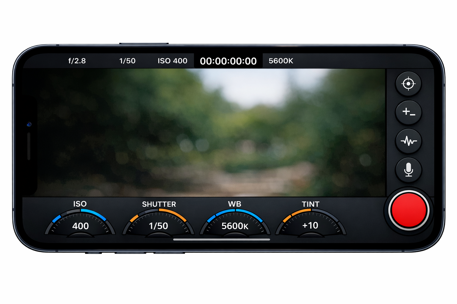 Blackmagic Camera app open on iPhone showing manual video controls with ISO, shutter speed, and white balance dials visible