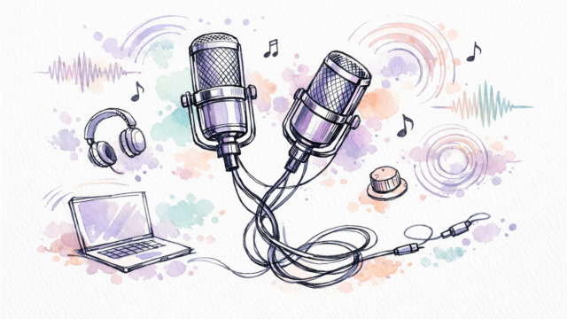 Sketch of two microphones on stands with tangled cables, a laptop, and headphones - representing a podcast or recording session.