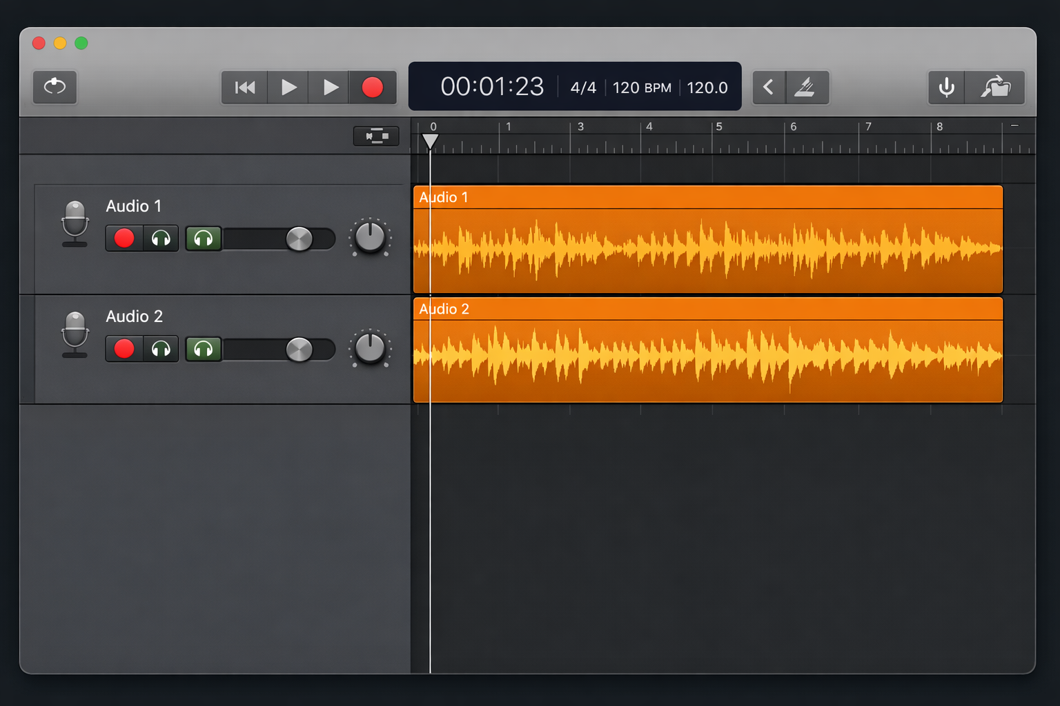 GarageBand project open with two audio tracks visible, both showing active waveforms being recorded simultaneously