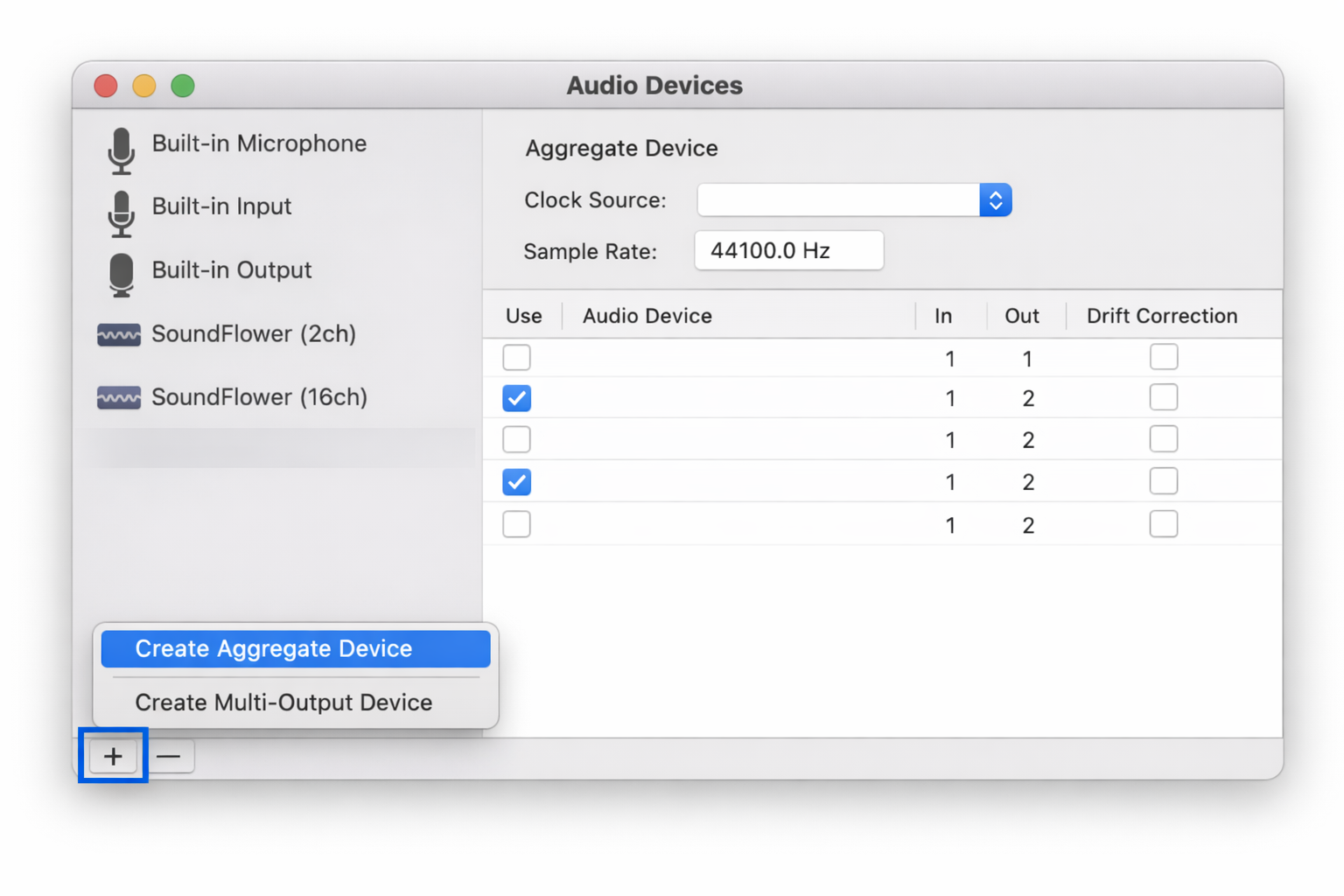 Audio MIDI Setup app window showing the + button in the bottom-left corner highlighted, with the dropdown menu open showing "Create Aggregate Device" option