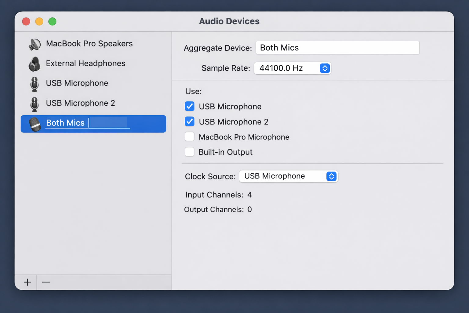 Audio MIDI Setup window with the newly created Aggregate Device selected in the sidebar and its name being edited to "Both Mics"
