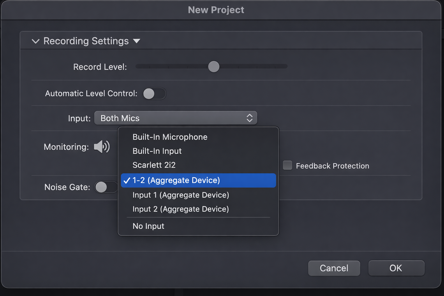 GarageBand new project dialog with the Details section expanded, showing the Input Device dropdown open with the "Both Mics" Aggregate Device selected