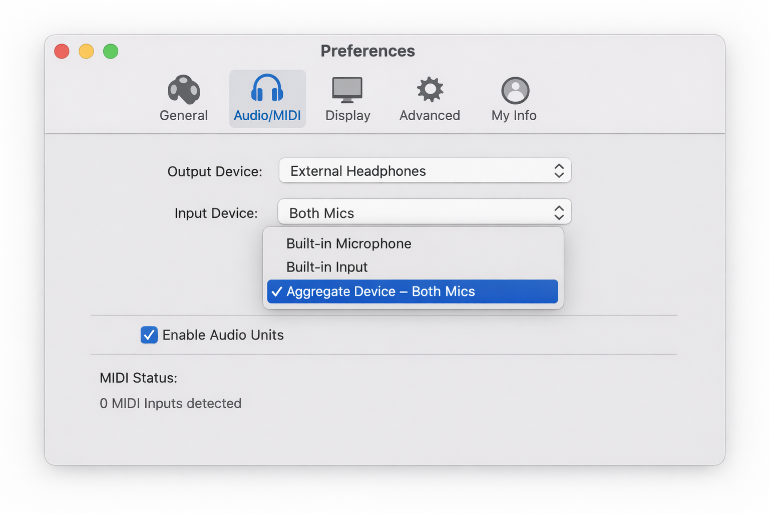 GarageBand Settings > Audio panel with the Input Device dropdown open, showing the Aggregate Device "Both Mics" selected