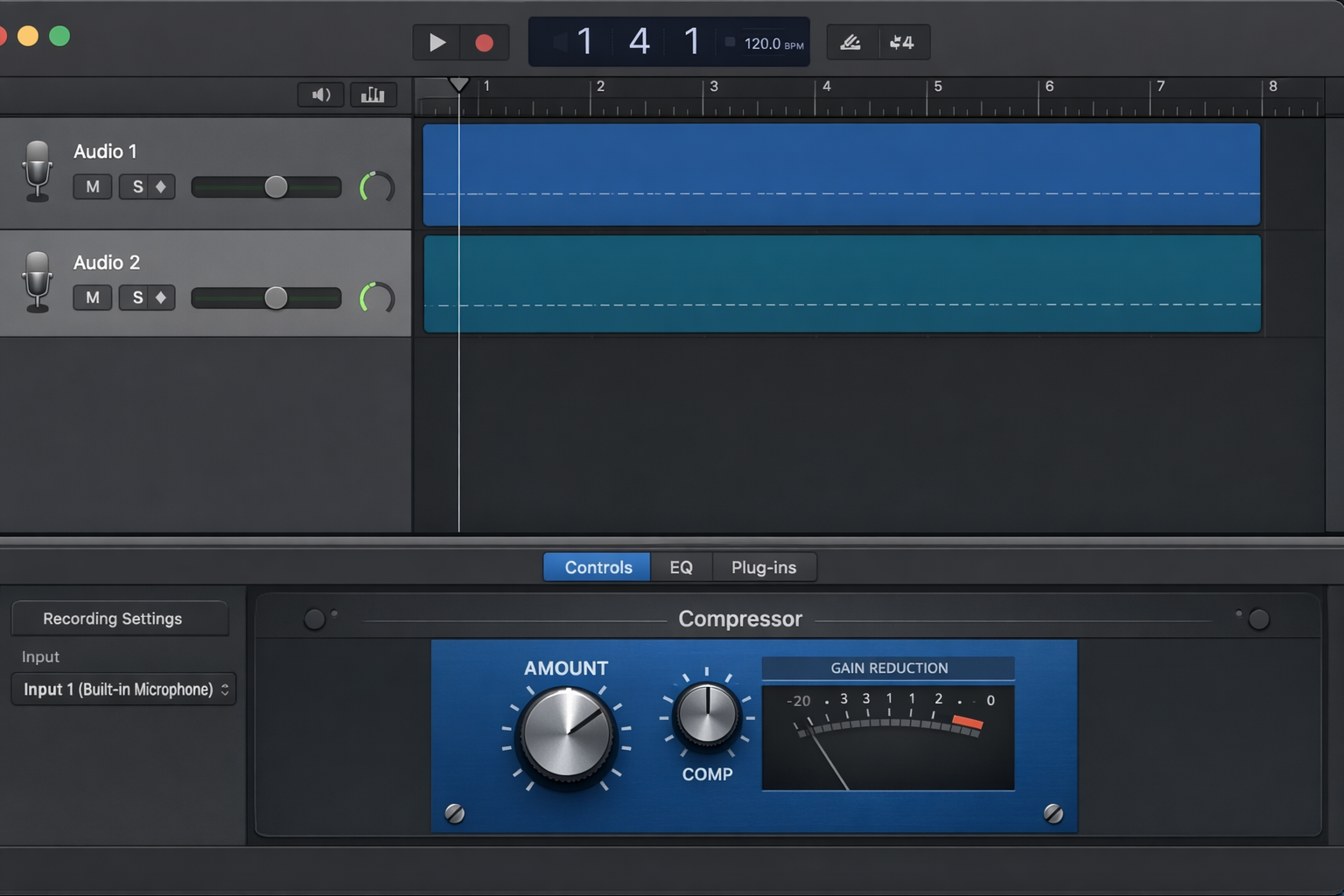 GarageBand main window showing two audio tracks, with Smart Controls panel open at the bottom and Input 1 selected for the first track