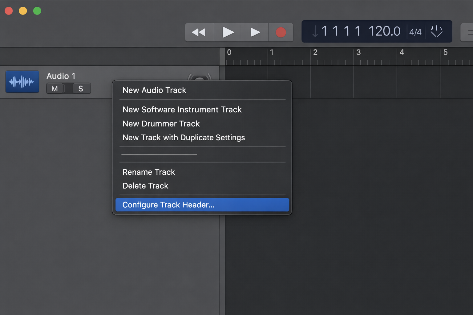 GarageBand track header with right-click context menu open showing "Configure Track Header" option highlighted