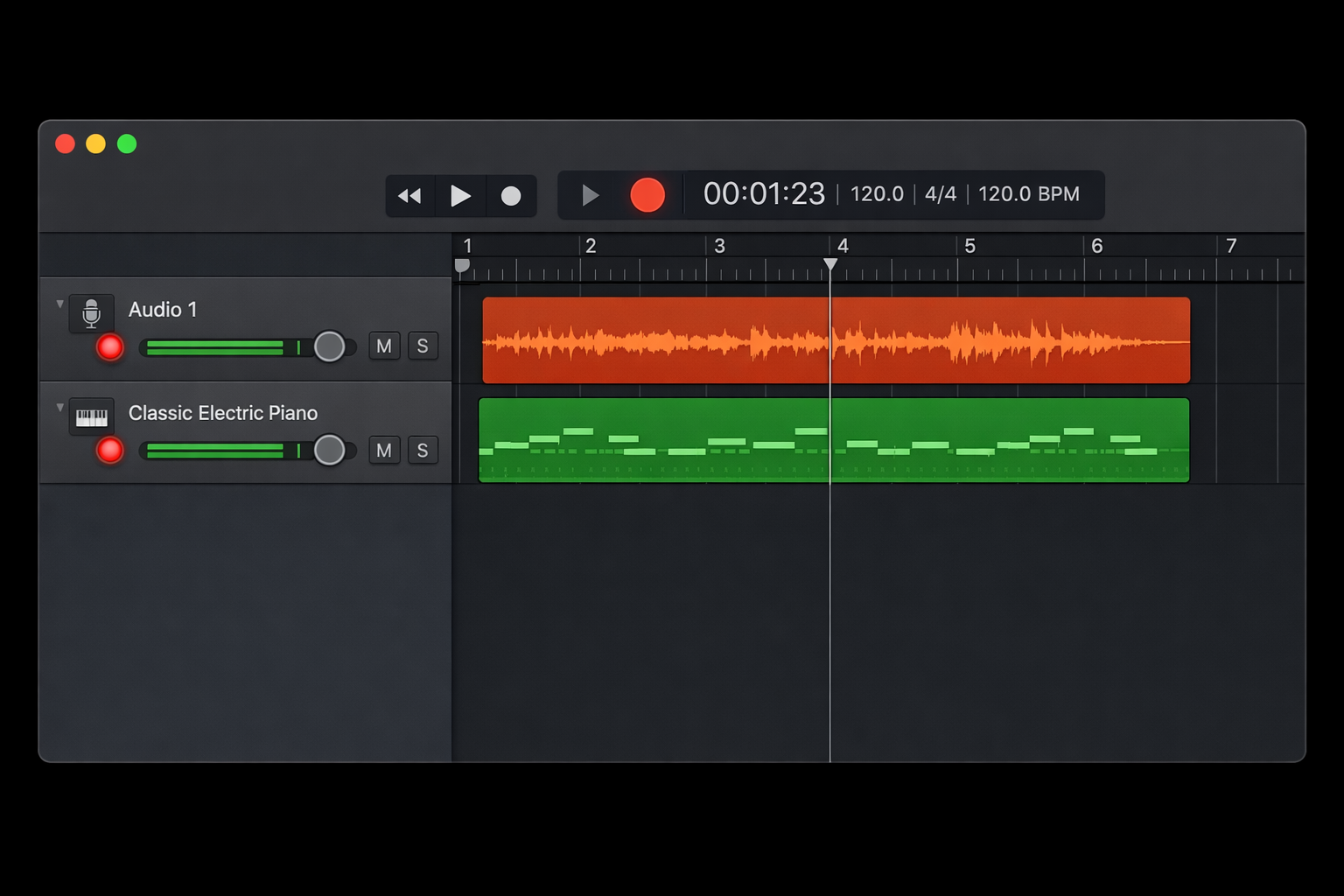GarageBand main window showing two audio tracks both with Record Enable dots lit up red and blinking, ready to record