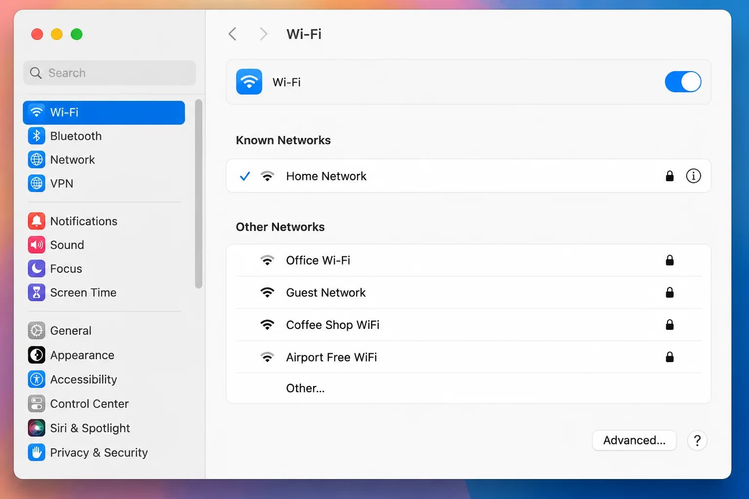 System Settings Wi-Fi panel showing the network list with the info button next to a previously joined network highlighted, illustrating the Sequoia path for copying a saved Wi-Fi password