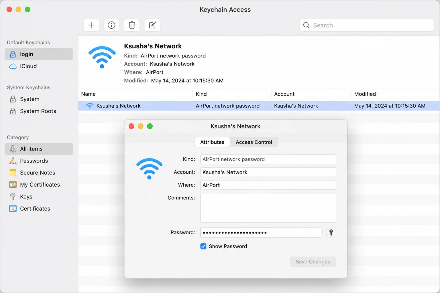 Keychain Access item detail dialog for a Wi-Fi network entry, showing the 'Show Password' checkbox near the bottom and the authentication prompt that appears when it is checked