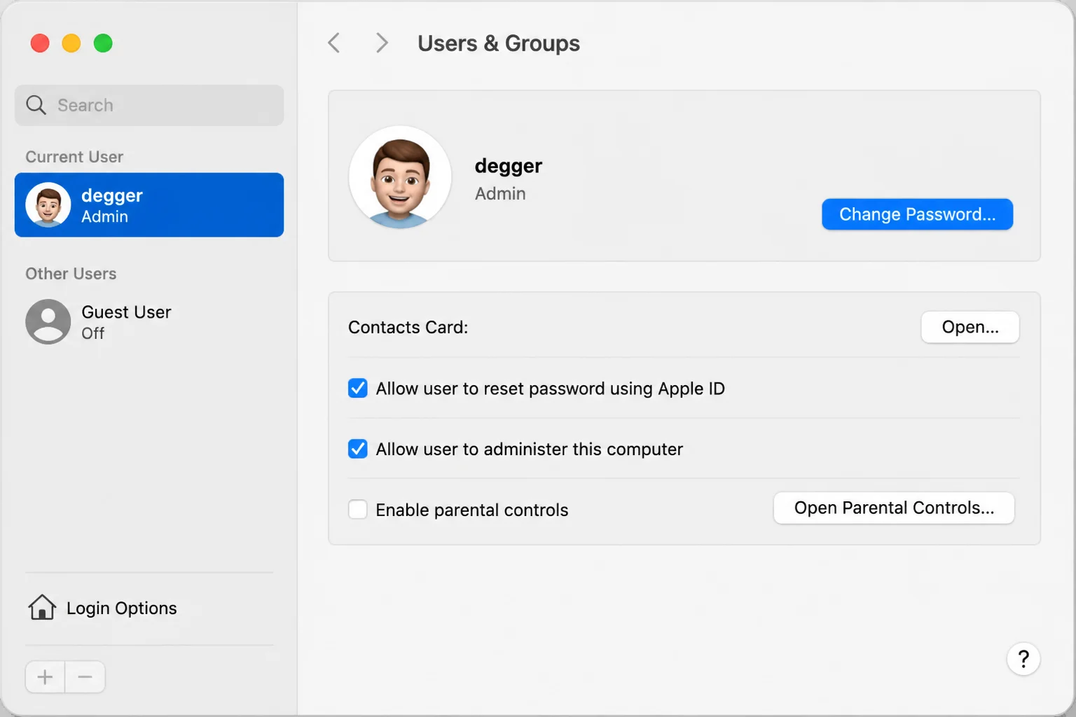 System Settings Users & Groups panel showing the current user account with the Change Password button highlighted, labeled as the safe way to change your login password without causing a keychain mismatch