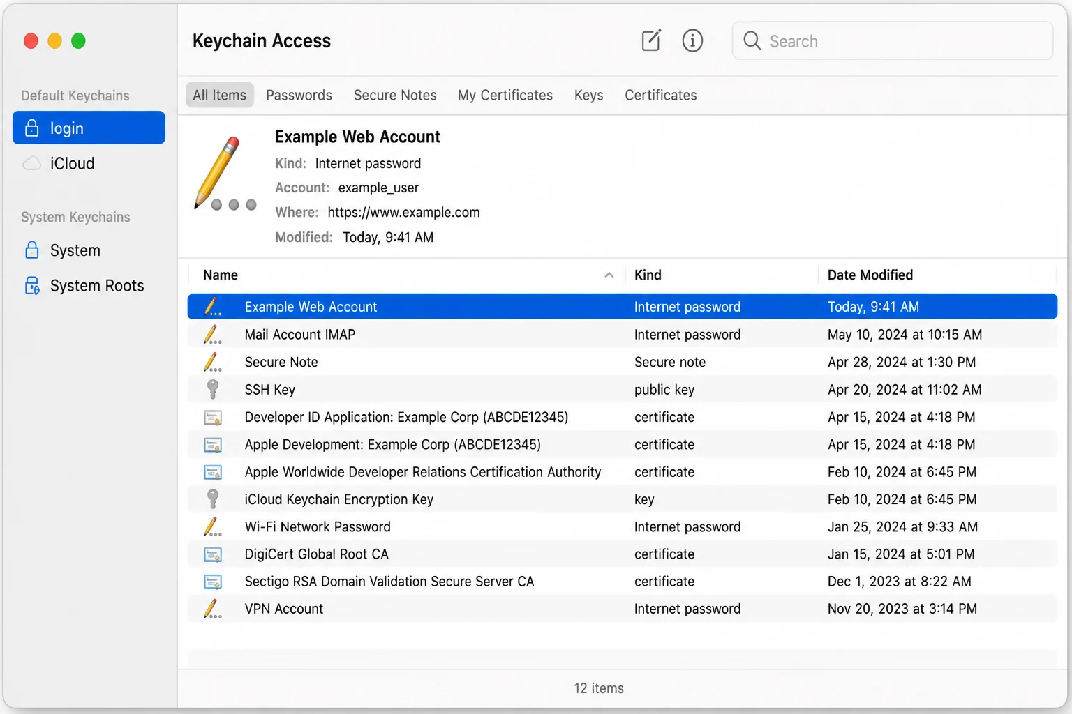 Keychain Access main window showing the sidebar with login and iCloud keychains listed, and the item list in the main area with the search bar visible at top right