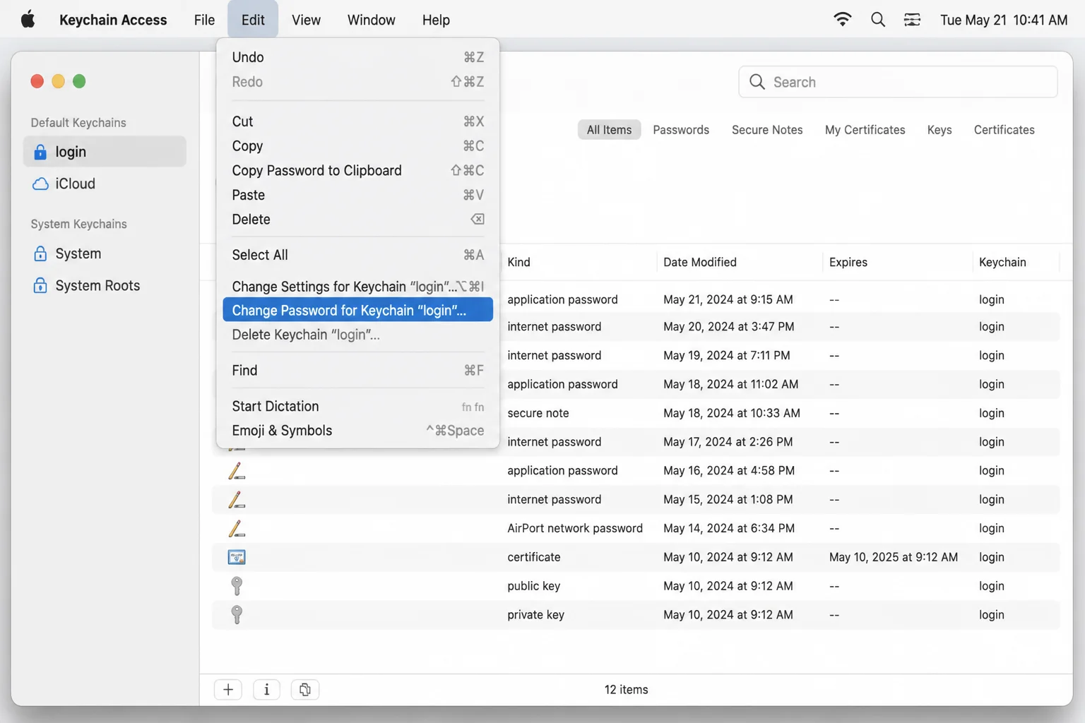 Keychain Access Edit menu open in the menu bar, showing the 'Change Password for Keychain login' option highlighted