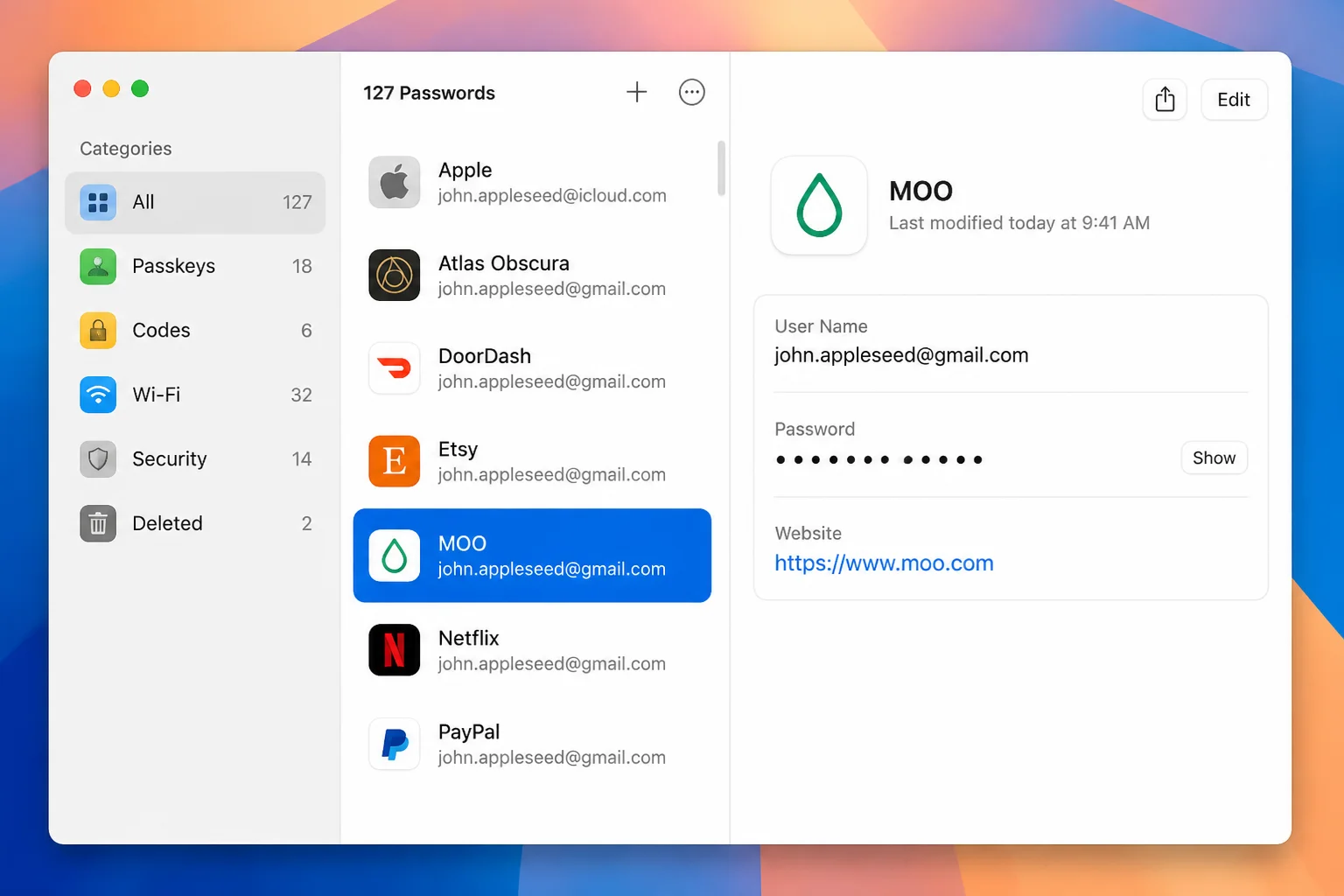 The Passwords app main window on macOS Sequoia showing the search bar at the top, sidebar categories including All and Wi-Fi Passwords, and a list of saved credentials
