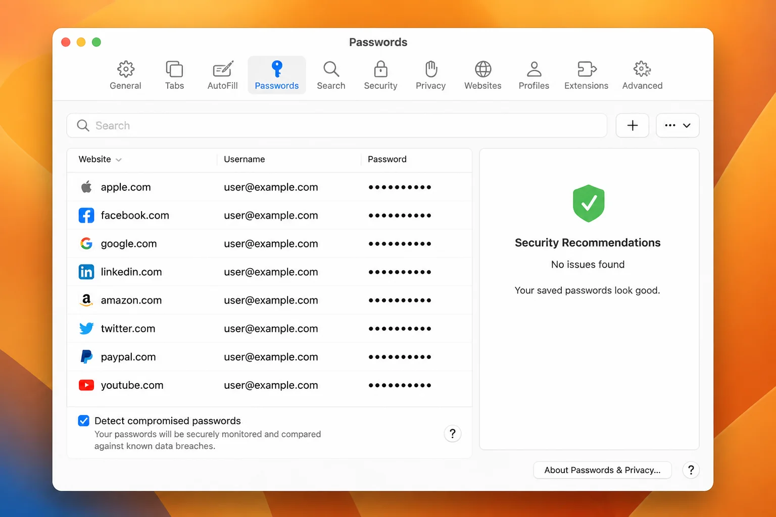 Safari Settings window with the Passwords tab selected, showing the saved credentials list — the Ventura and Sonoma equivalent of the standalone Passwords app