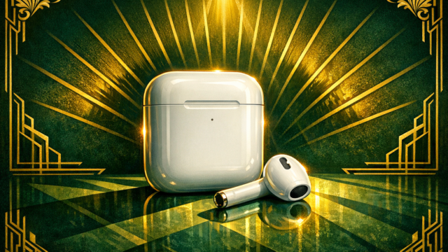 White wireless earbuds with their charging case set on a glossy green-and-gold Art Deco backdrop with sunburst rays and ornate border frames.