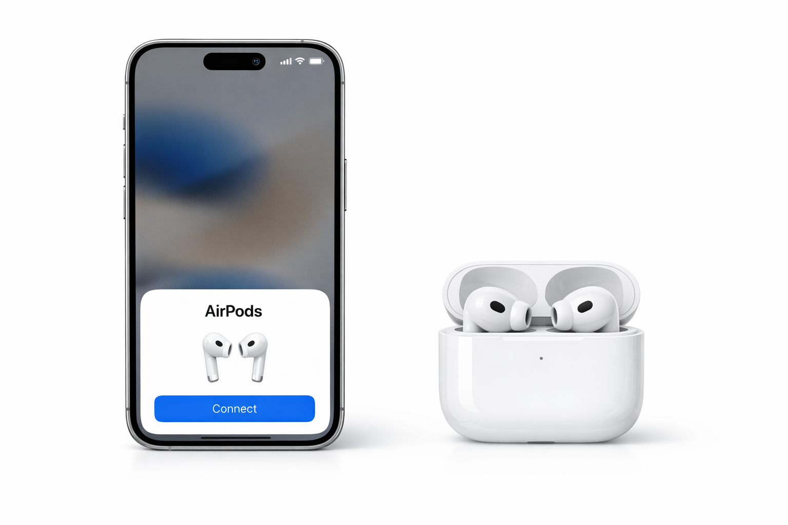 A pair of Apple AirPods 4 next to an iPhone on a clean surface