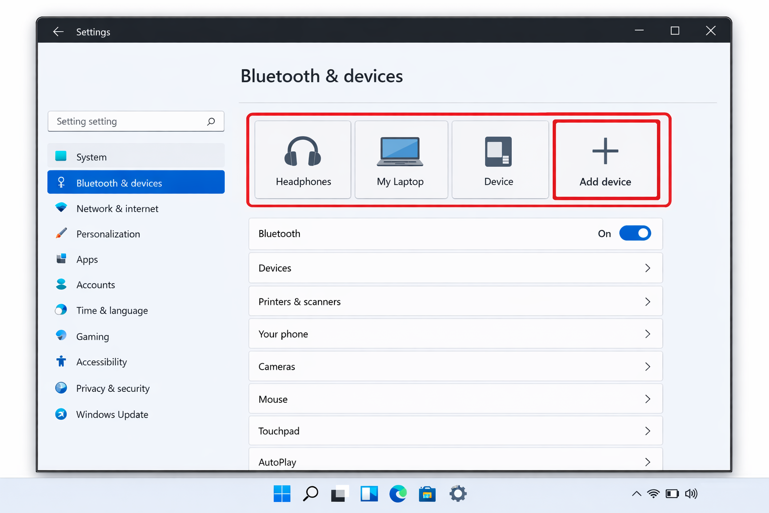 Windows 11 Settings app showing the Bluetooth & devices panel with Bluetooth toggled on and the Add device button highlighted