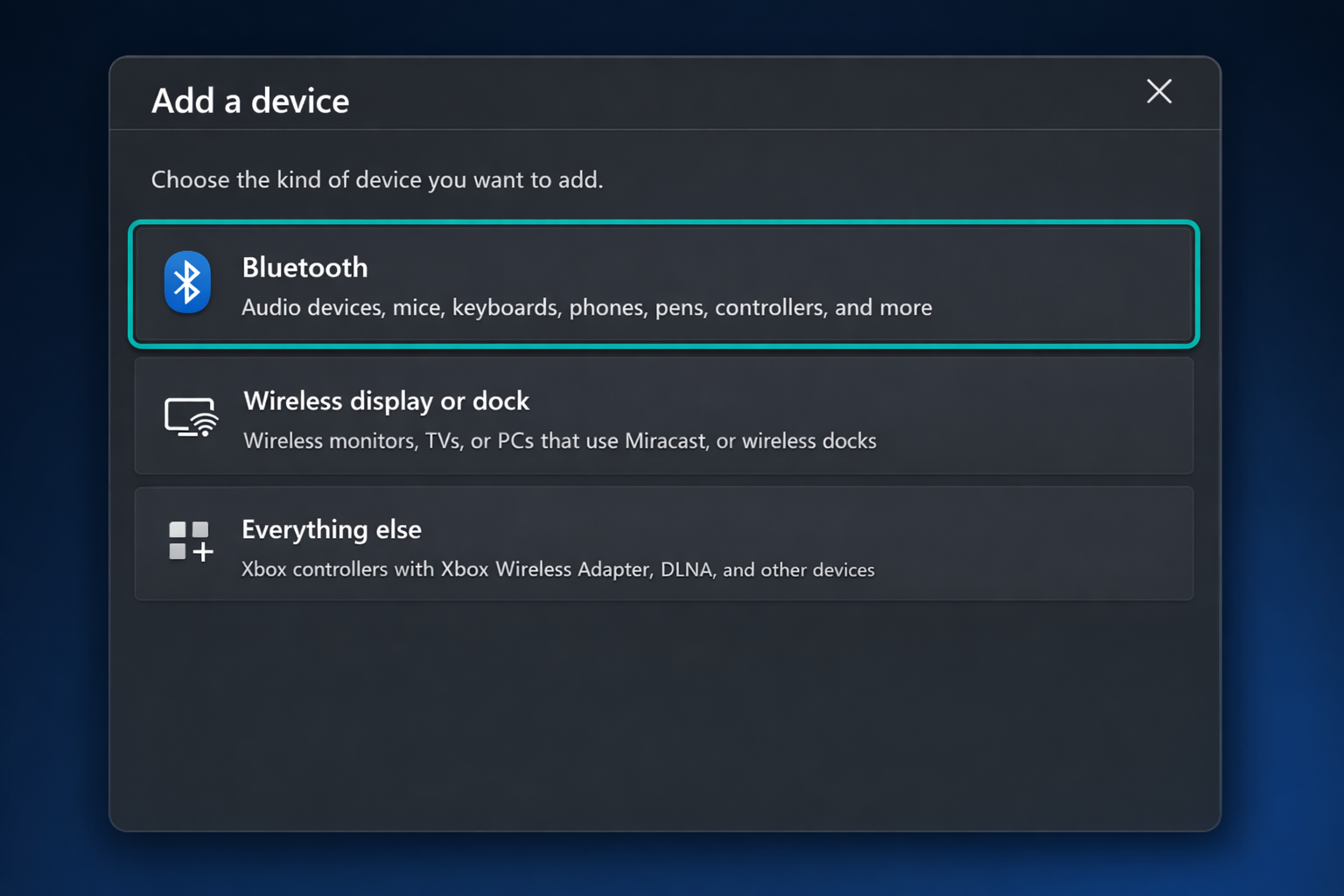 Windows 11 "Add a device" dialog with three options visible , Bluetooth, Wireless display or dock, and Everything else , with Bluetooth highlighted