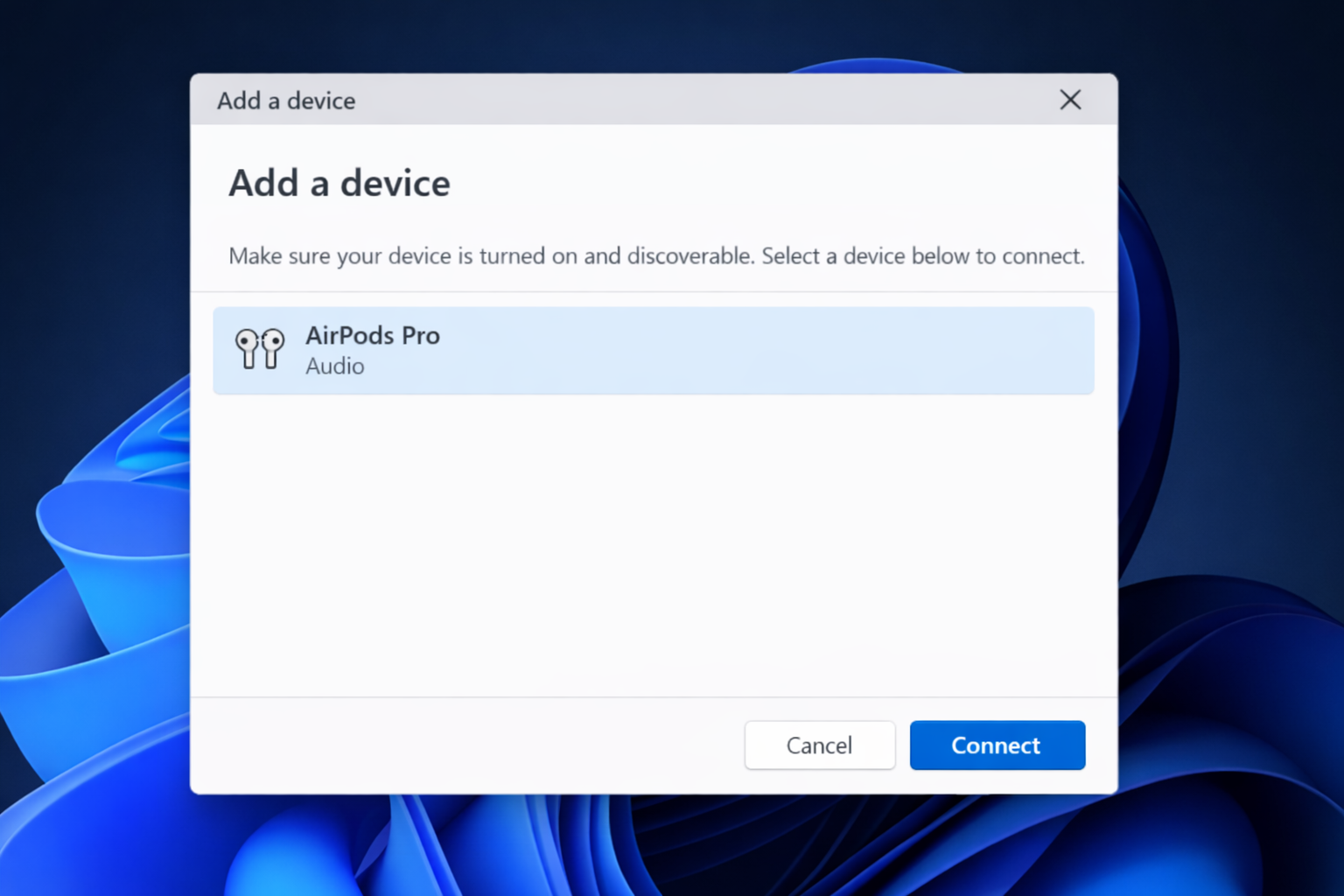Windows 11 Bluetooth pairing screen showing AirPods appearing in the discovered devices list, with the device name highlighted and a Connect button visible