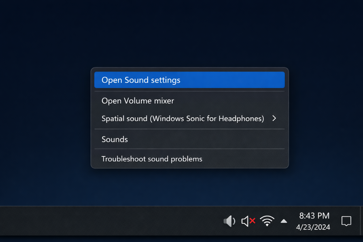 Windows 11 taskbar right-click context menu on the speaker icon with "Open sound settings" option highlighted