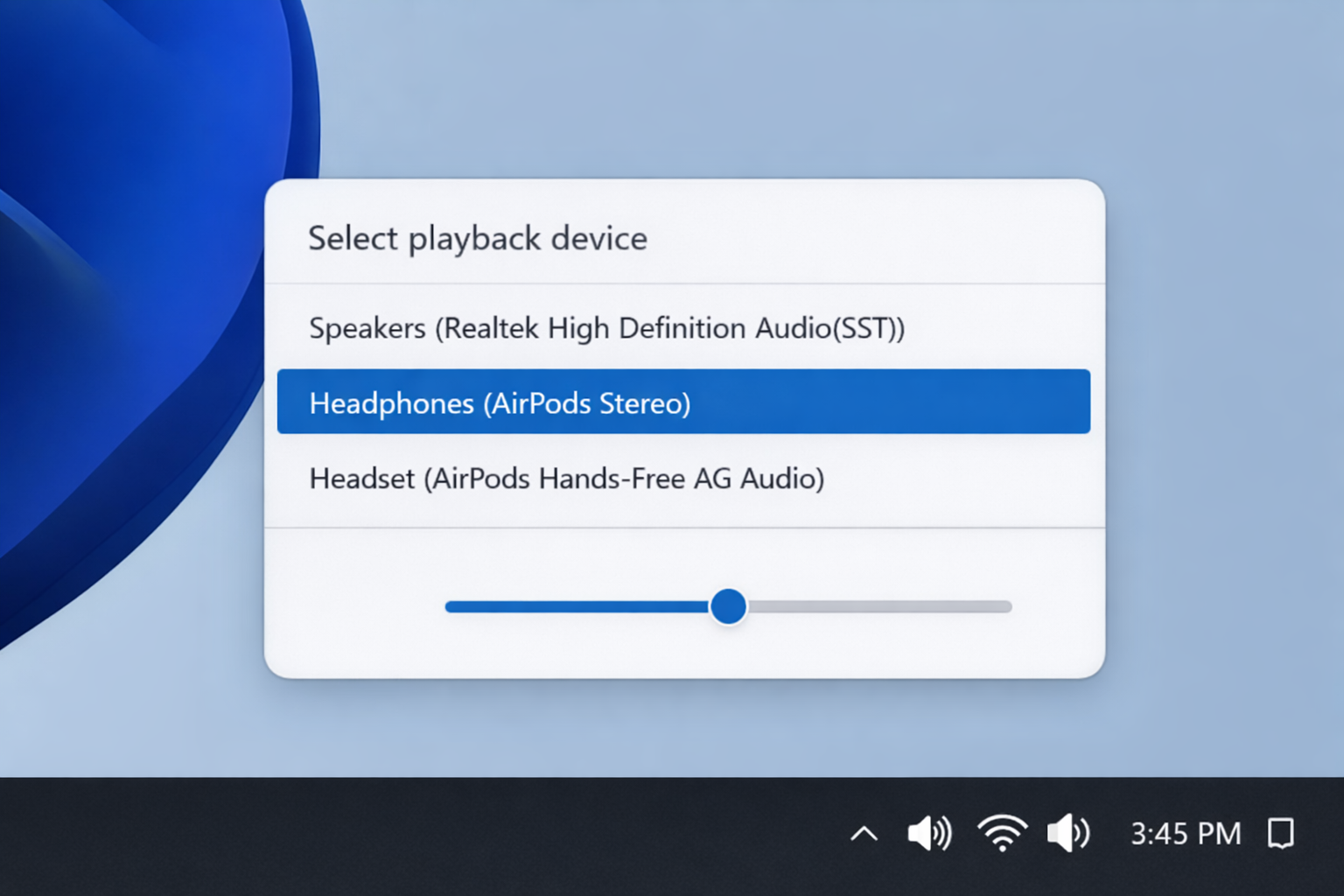 Windows 11 Sound settings panel with the Output dropdown open and "Headphones (AirPods Stereo)" selected as the active audio device
