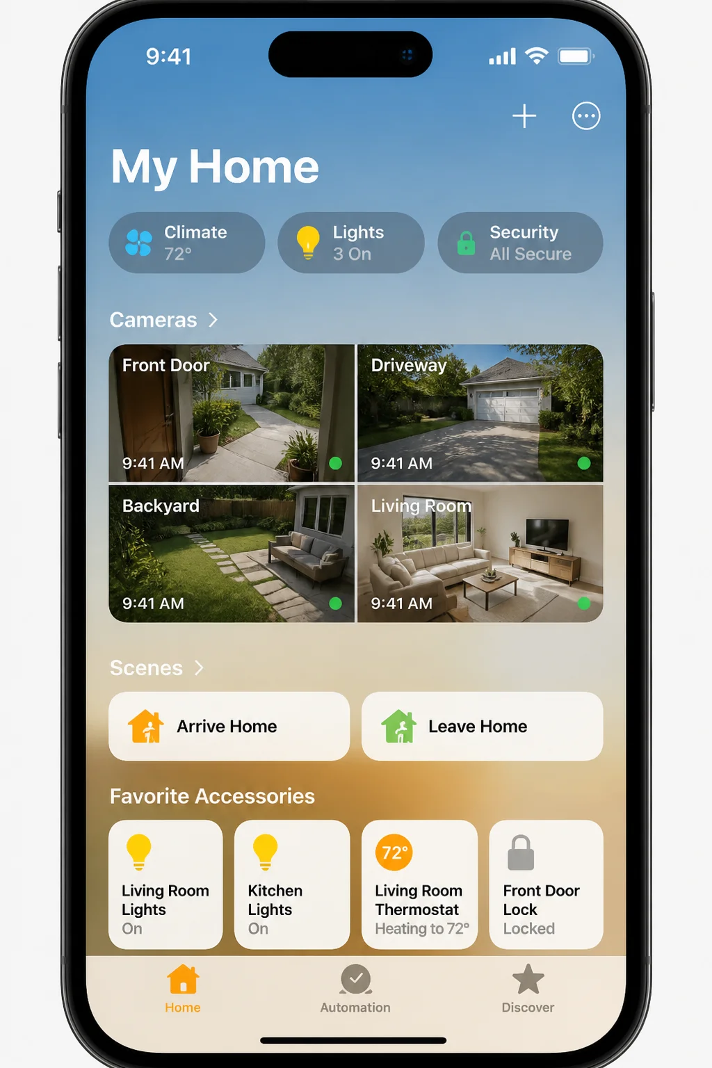 Apple Home app on iPhone showing a home dashboard with lights, climate, security, and camera categories visible