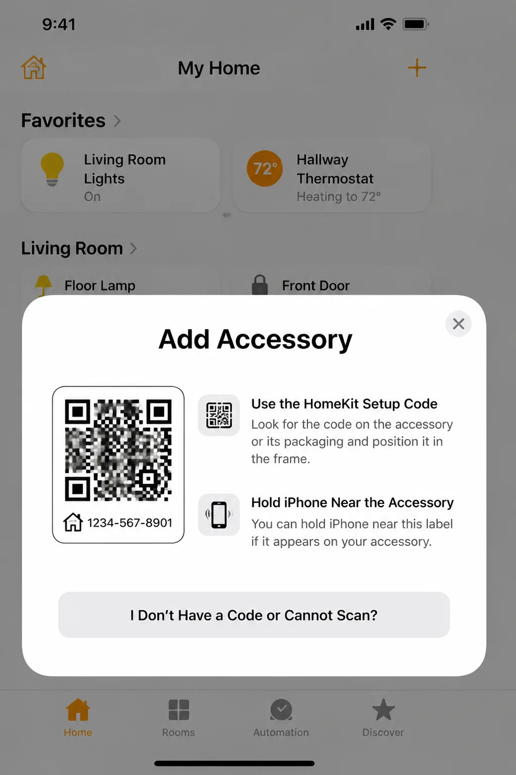 Apple Home app on iPhone with the Add Accessory sheet open and options to scan a setup code or hold the iPhone near an