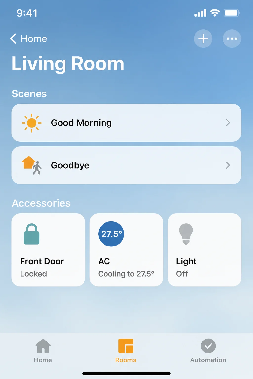 Apple Home app on iPhone showing accessories organized by room, with a light accessory's room assignment and name controls