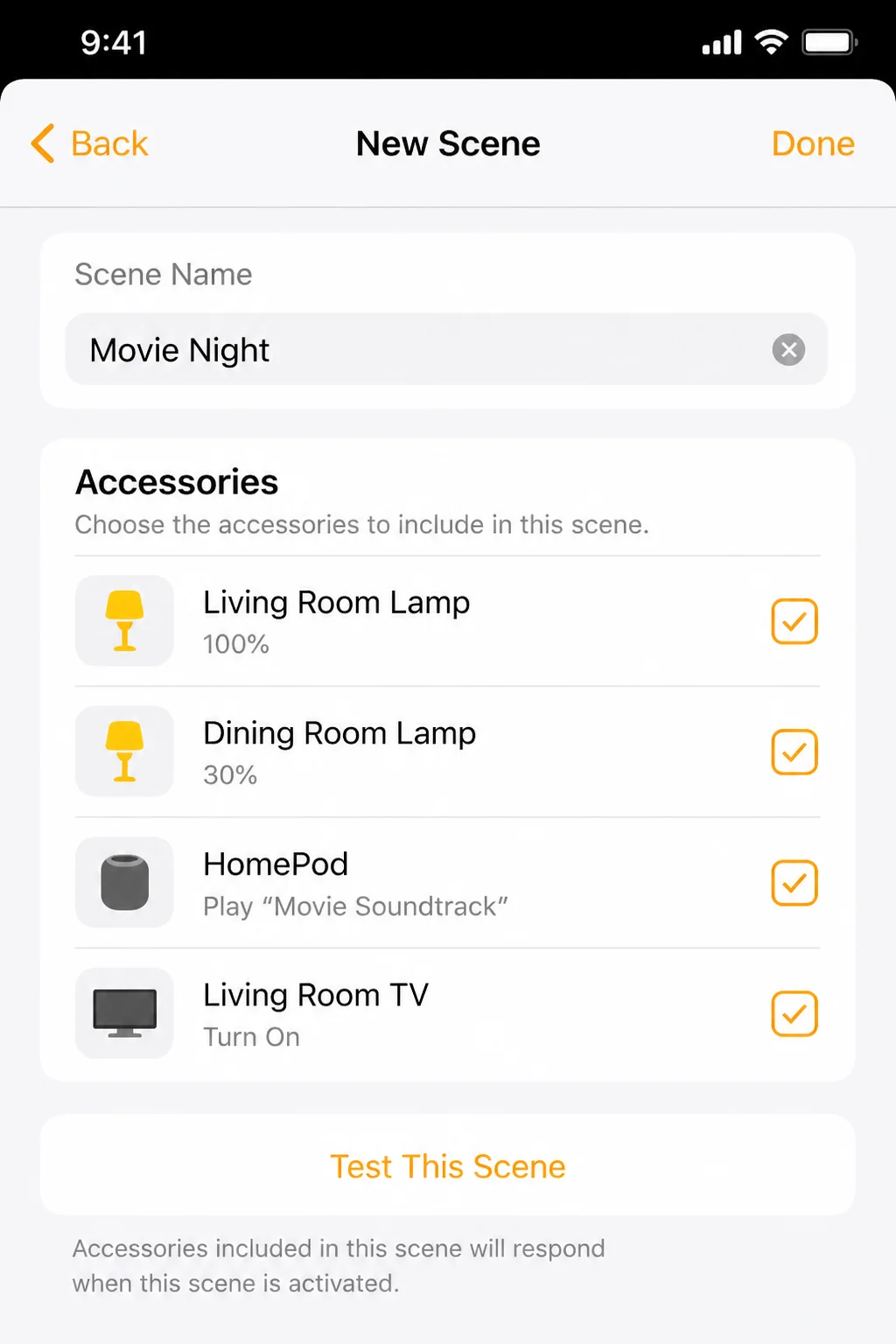 Apple Home app on iPhone showing the New Scene setup screen with multiple accessories selected, a Test This Scene control