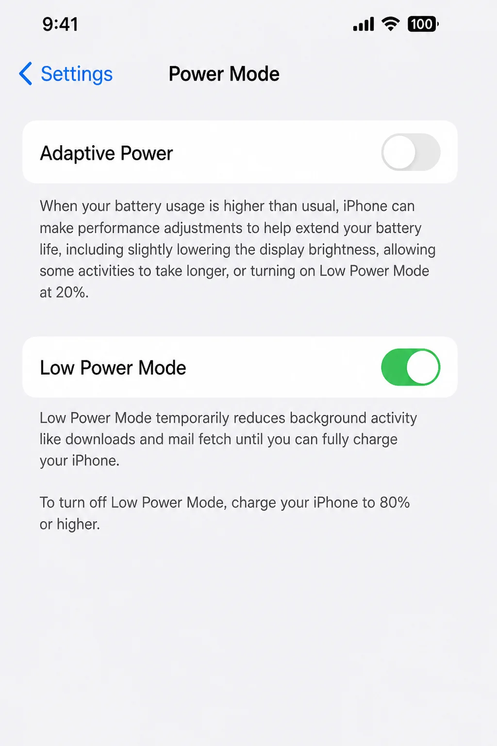 Power Mode screen on a supported iPhone showing Adaptive Power and Low Power Mode controls