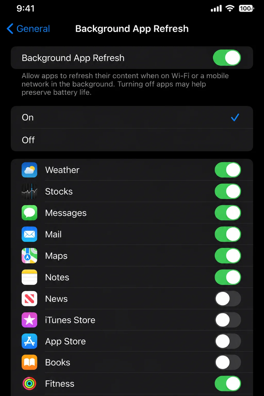 Background App Refresh list showing the global setting and individual app toggles