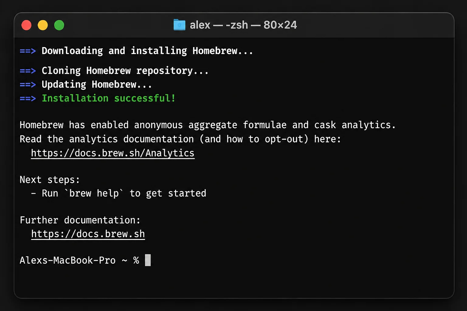 Terminal showing successful Homebrew installation and version output
