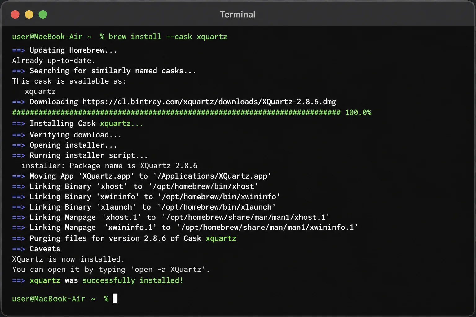 Terminal showing XQuartz installation progress via Homebrew