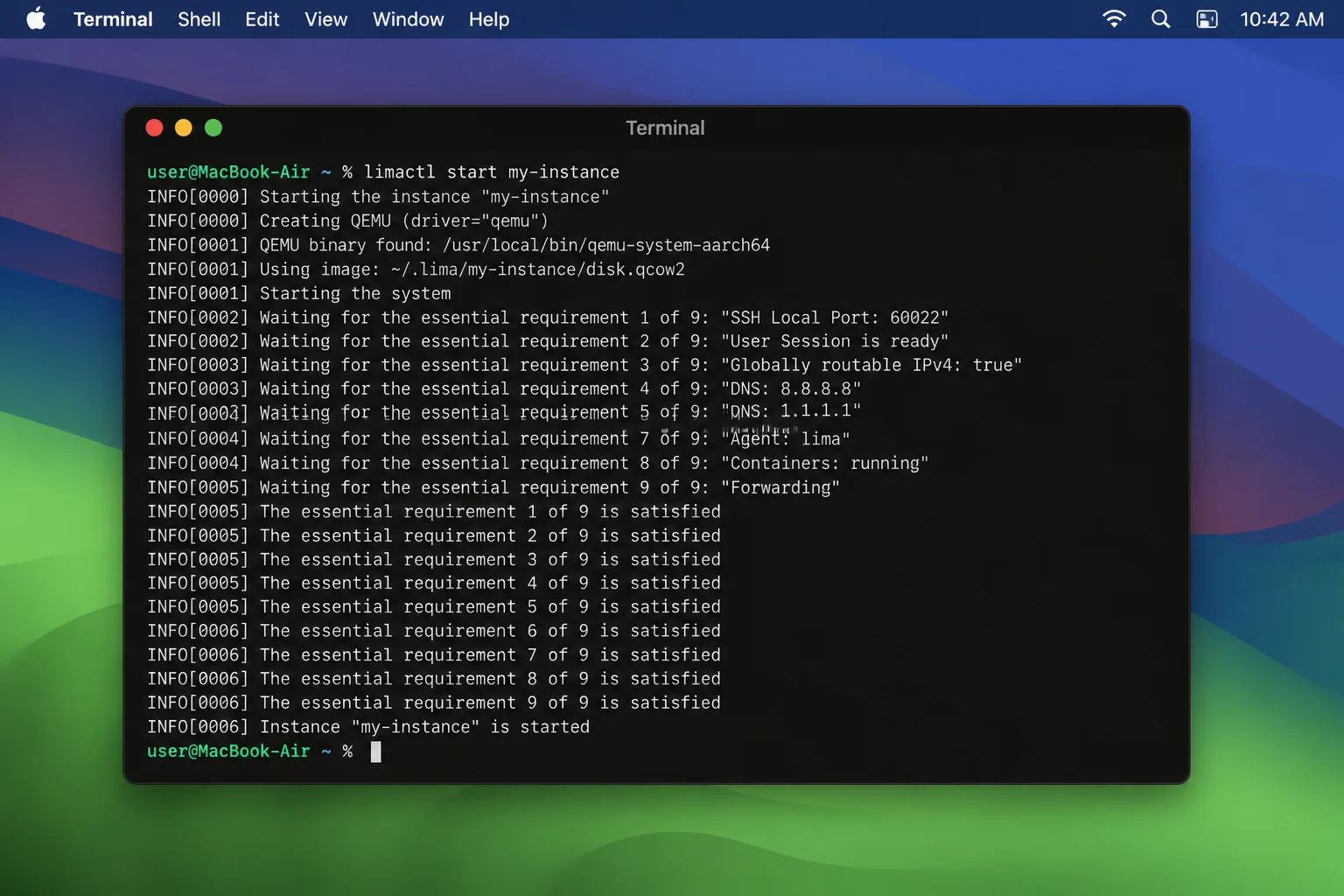 Terminal showing Lima instance creation and startup process
