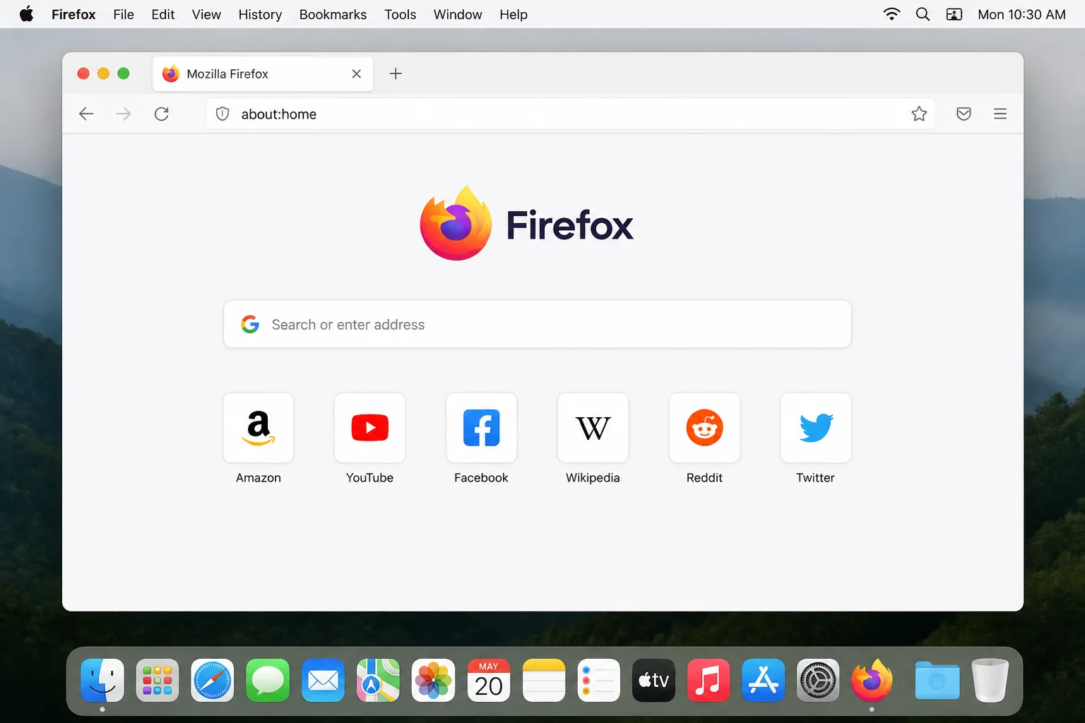 Firefox browser running via X11 forwarding from Lima on macOS desktop