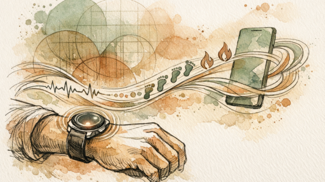 Watercolor-style illustration showing a wrist wearing a smartwatch and a smartphone connected by flowing lines, footprints, and heartbeat motifs, symbolizing digital health tracking.