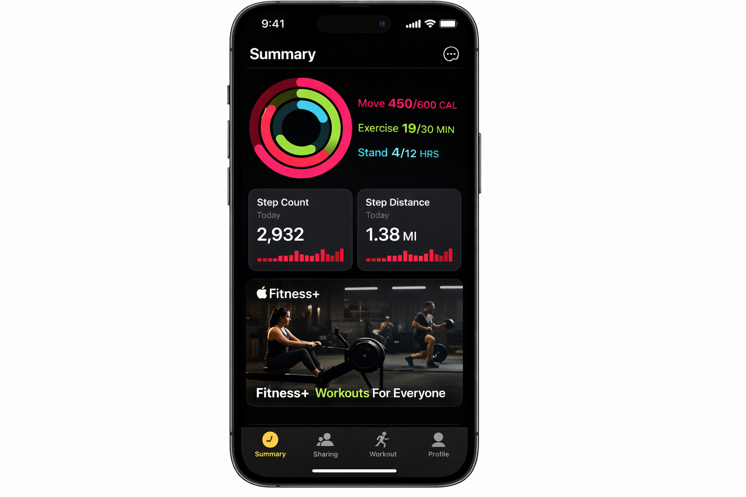iOS Fitness app showing Activity rings with steps, calories, and exercise minutes synced from Apple Watch, all three rings partially filled
