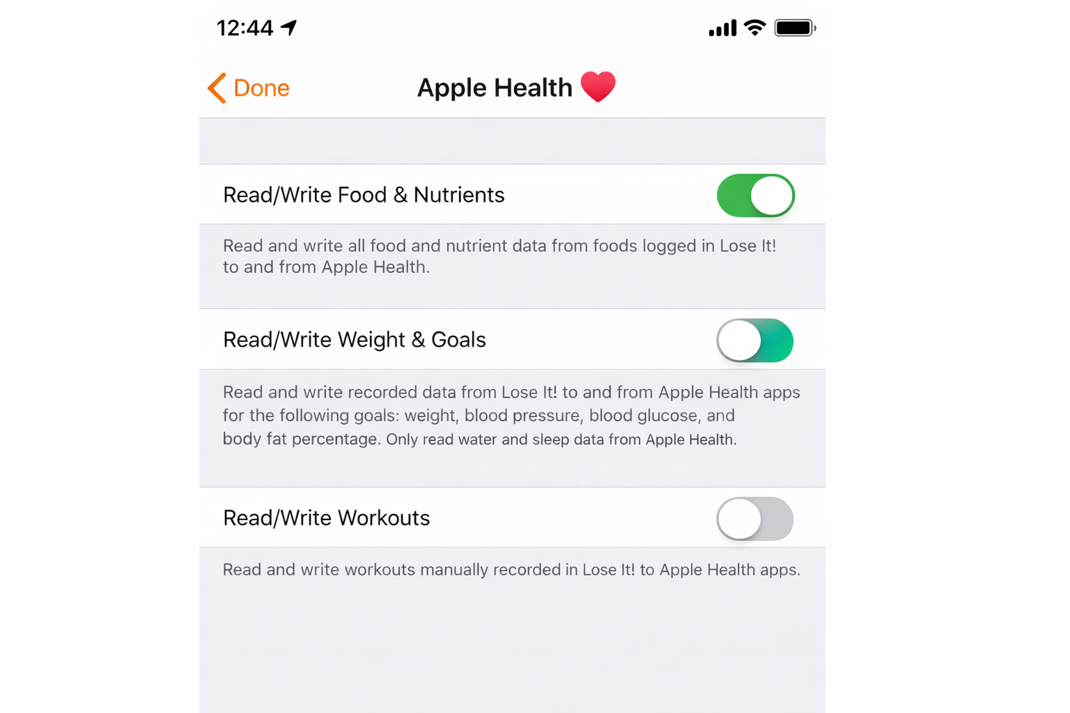 Lose It Apple Health integration screen with Auto Logging toggle being switched from Off to On